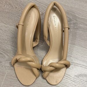 STUDIO AMELIA Tan Braided Strap Open-Toe Heels